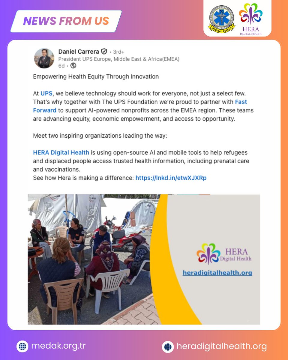 HERA_dHealth's tweet image. 🌍 Empowering health equity through innovation.
With support from The UPS Foundation and Fast Forward, HERA Digital Health uses AI to help refugees access reliable health care.

💜 Nearly 250,000 refugees reached.
heradigitalhealth.org
#HERADigitalHealth #AIforImpact