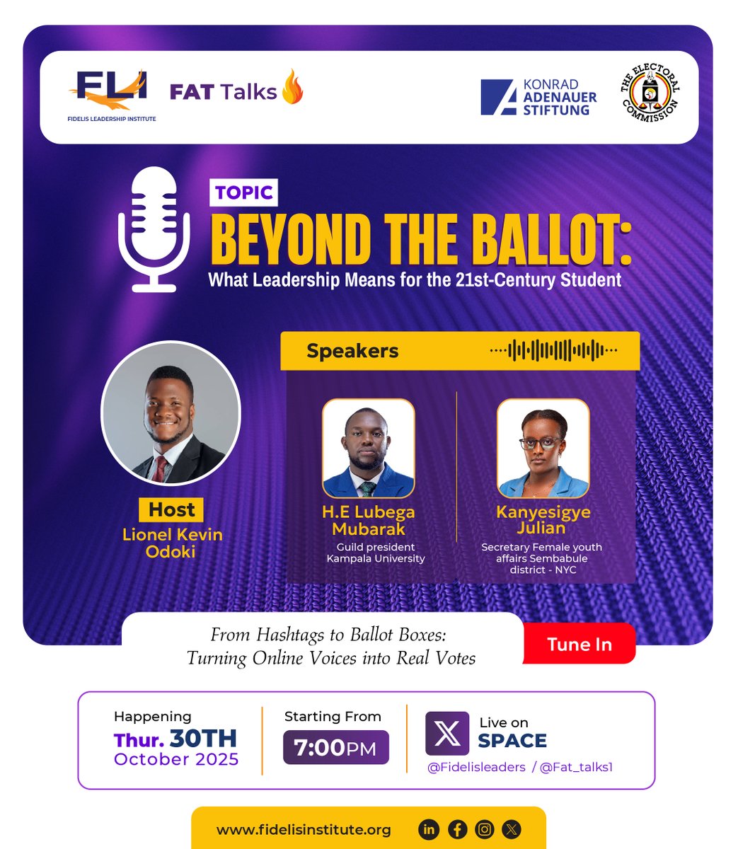 Fat_talks1's tweet image. Leadership goes Beyond the Ballot!

Join the conversation on what leadership means for the 21st-century student.

📅Thurs, 30th Oct 2025 | 🕖 7:00PM
🔴 Live on X Spaces x.com/fat_talks1/sta…

From hashtags to ballot boxes—turn your voice into real impact!
#FATTalks #VoteSmart