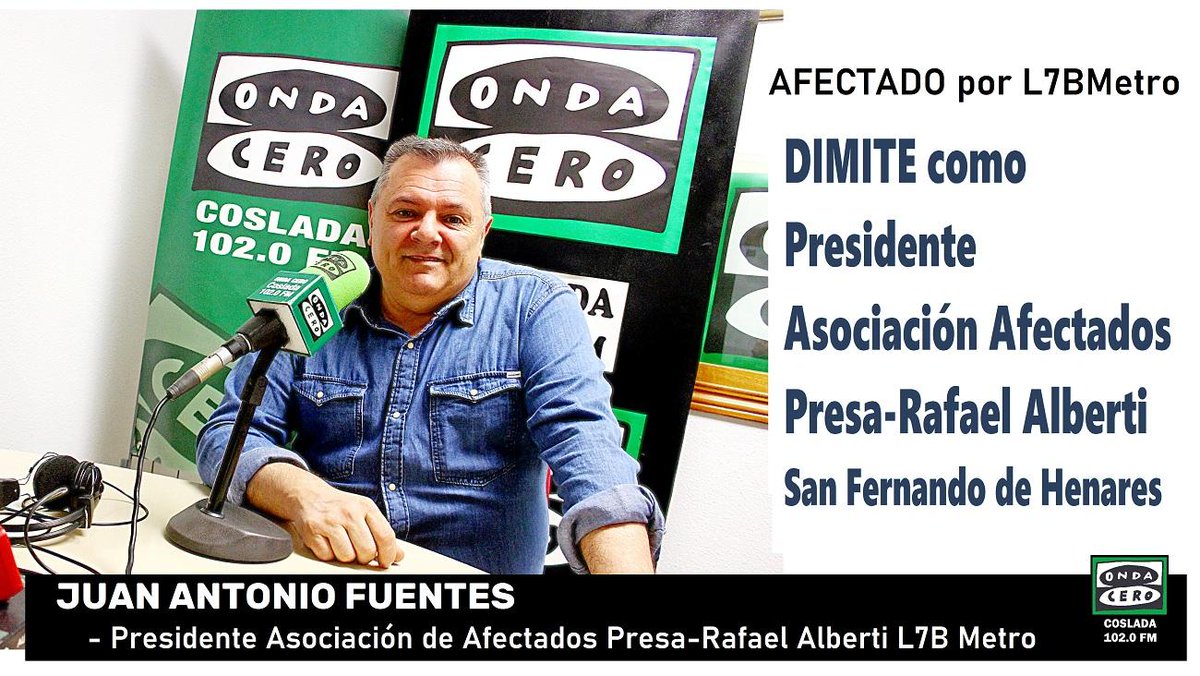 ENTREVISTA Juan Antonio Fuentes, presidente Asociación Afectados Presa-Rafael Alberti San Fernando de Henares.
DIMISIÓN como PRESIDENTE. Llega el momento de dar un pasito atrás por....
Enlace
facebook.com/share/v/19pqKP…

<a href="/OndaCeroCoslada/">Onda Cero Coslada</a> 102.0 FM