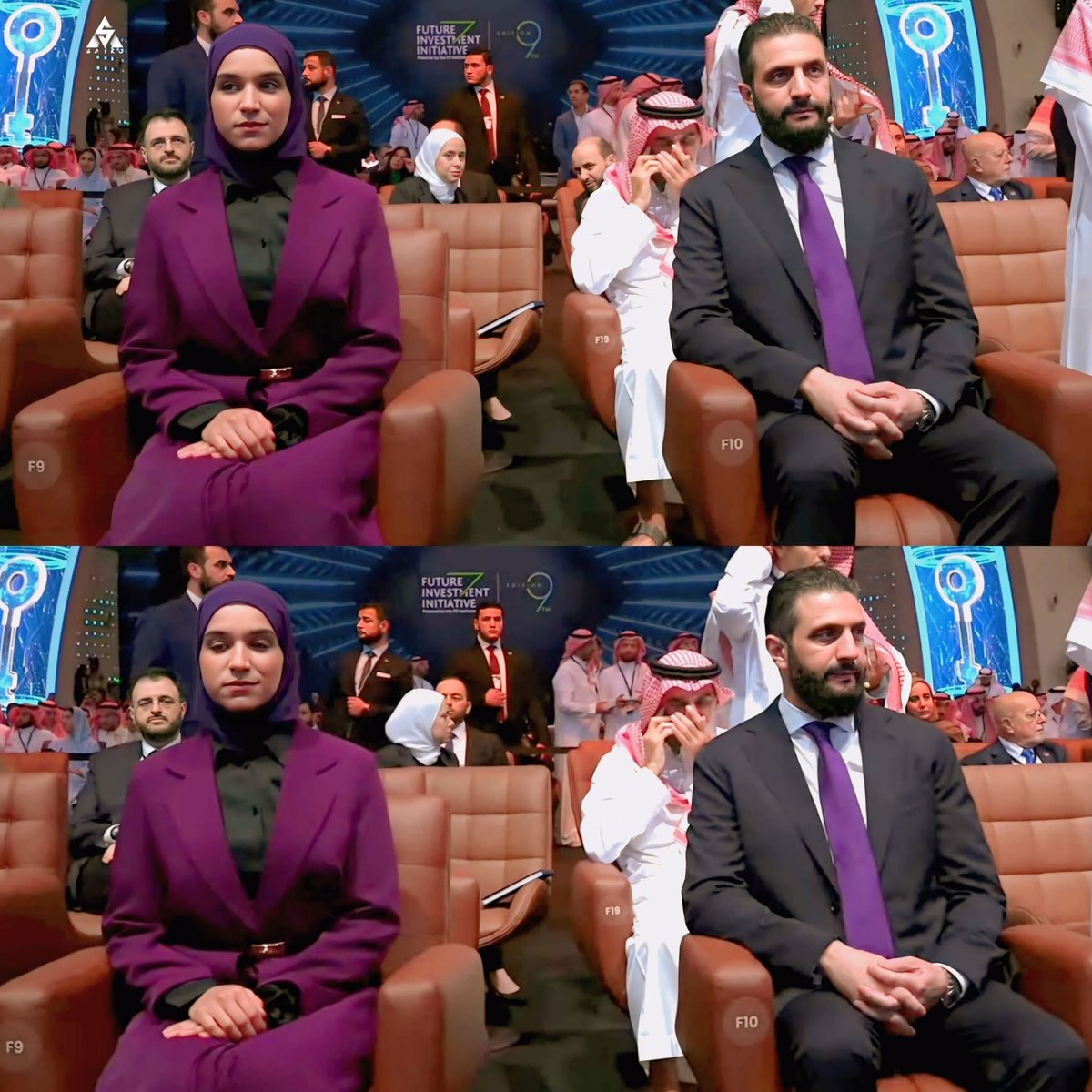 Kravatın rengine kimin karar verdiğini yüzlerdeki tepki gösteriyor. 

Suriye Cumhurbaşkanı Ahmet Şara da  olsanız eşinizin kıyafetiyle aynı renk kravatı takmak zorundasınız.