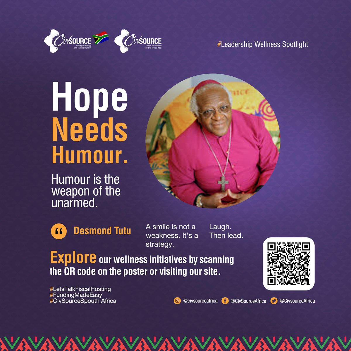 📌I Hope Needs Humour
#LeadershipWellnessSpotlight
 
“Humour is the weapon of the unarmed.” _ Desmond Tutu

A smile is not a weakness. It’s a strategy. Laughter makes even the hardest truths land softer.
 
😅Laugh. Then lead.✍🏾

ℹ️🔗: civsourceafrica.com/civsource-sout…