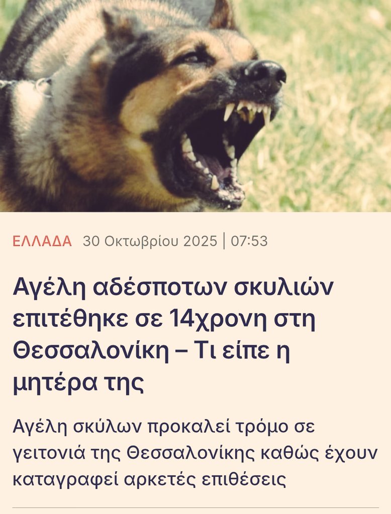 dogattacksGR's tweet image. Και αλλη επιθεση αδεσποτων τυρρανοσαυρικου μεγεθους σκυλων σε παιδι, σε 14χρονη στην Θεσσαλονικη.
Στις πιο πολιτισμενες χωρες στον Πλανητη, τερματιζουν με ευθανασια τα αδεσποτα.
Εμεις στην Ελλαδα, τα αφηνουμε να τρωνε τα παιδια μας.
⬇️⬇️⬇️
in.gr/2025/10/30/gre…
⬆️⬆️⬆️