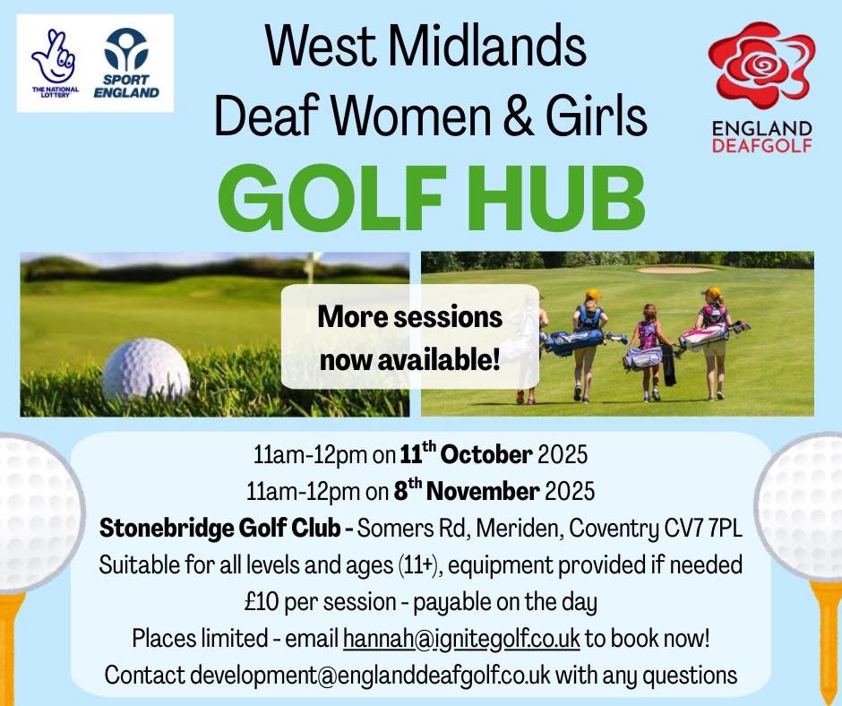 We will once again be hosting another session next month as part of the <a href="/englanddeafgolf/">englanddeafgolf</a> West Midlands Deaf Women and Girl's Golf Hub.

See the image for more details, and contact <a href="/hannahcrumpgolf/">Hannah Crump</a> to book. 

#golf #deafgolf #womensgolf #girlsgolf #golfhub #englanddeafgolf