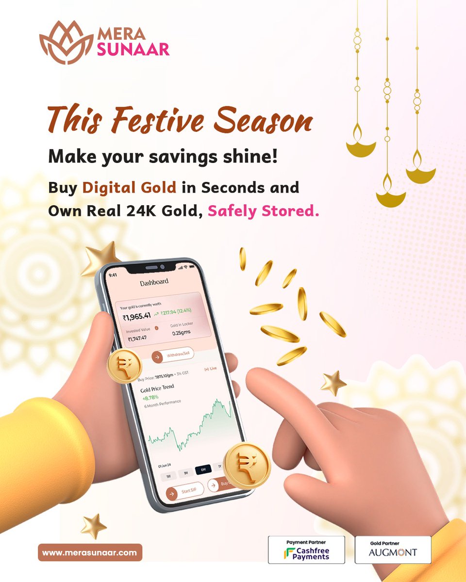 MeraSunaar's tweet photo. This festive season, make every saving sparkle with Digital Gold ✨
Buy gold in seconds and own real 24K gold, safely stored for your future.
Start today with Mera Sunaar — where dreams turn into digital gold!
🔗 https://t.co/xm3HWv8TQe
#DigitalGold #MeraSunaar #FestiveSavings https://t.co/iqGDOmT2vF