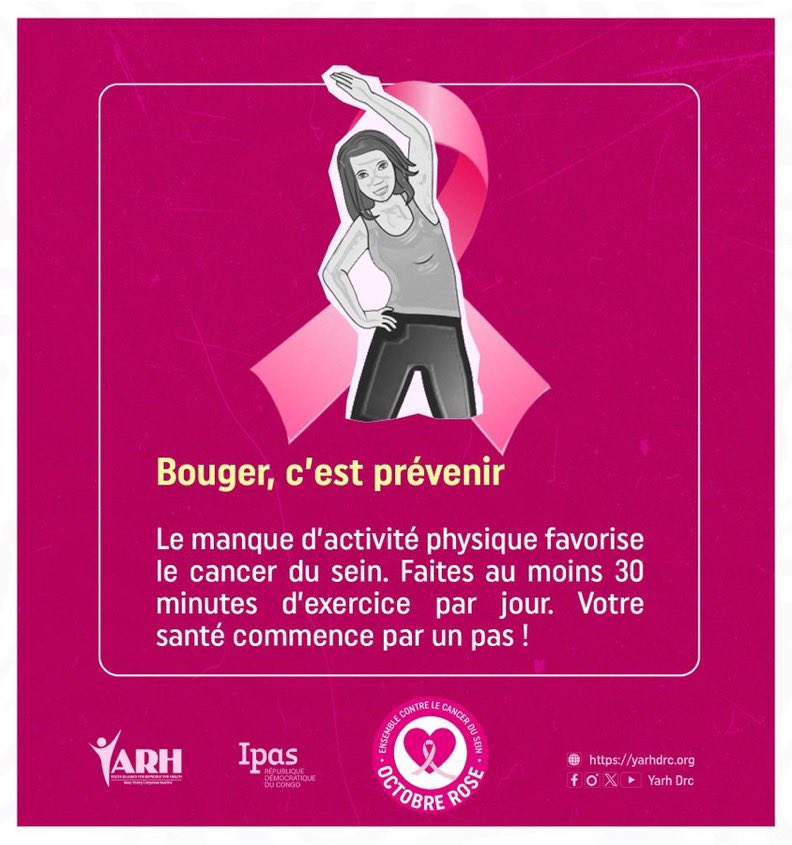 AByandike's tweet photo. Le sport ce n'est pas seulement pour avoir un ventre plat 😅
Il aide aussi à prévenir le cancer du sein.💓
Alors, marche, saute, danse… mais ne reste surtout pas immobile !

#OctobreRose25 
#RDCROSE
#SantéFemme
@RoddenberryFdn 
@MakokiYaMwasi 
@Mulunda_JC https://t.co/2olxUNlQWP