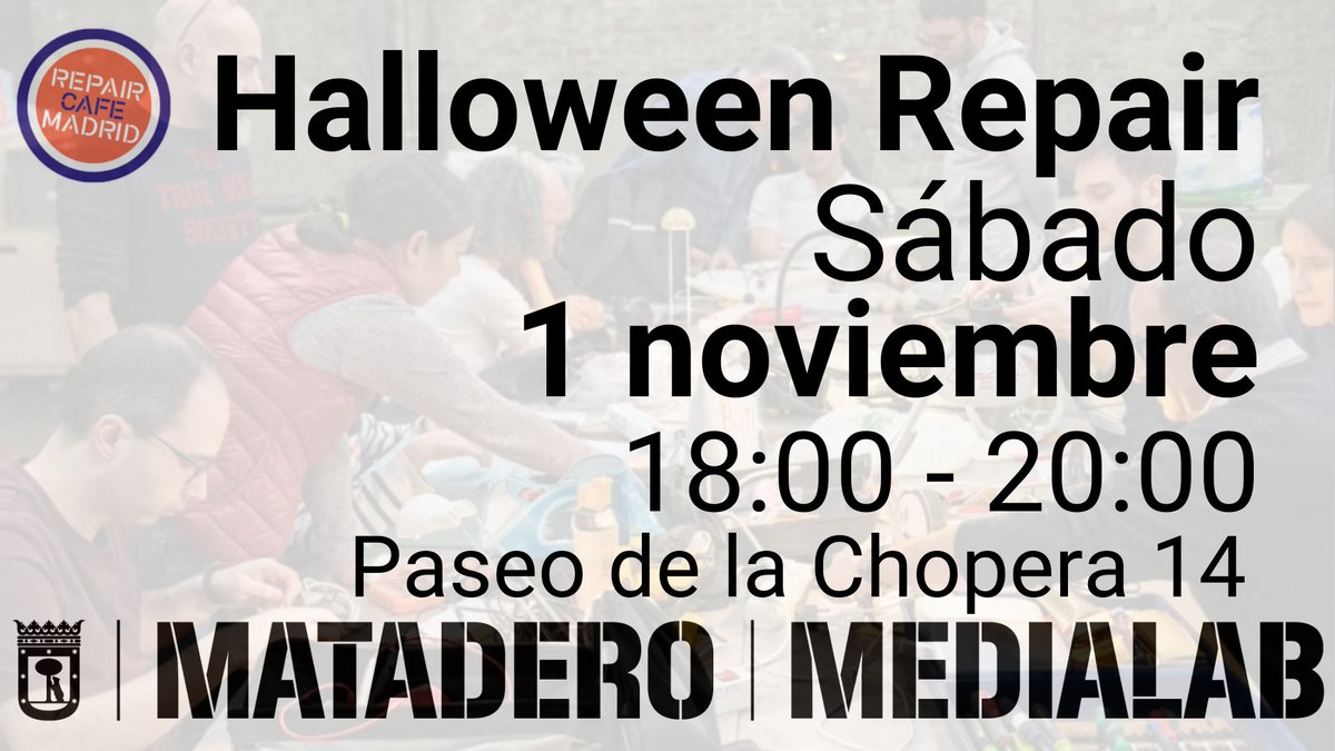 MadridRepair's tweet image. Este sábado día 1 tienes un encuentro colaborativo en @medialabMM para reparar pequeños objetos cotidianos y aprender a mirarlos de una manera más sostenible.
Te esperamos a las 18:00 en la Sala #Terrario de @mataderomadrid
facebook.com/events/2526937…
#RepairCafé #Medialab