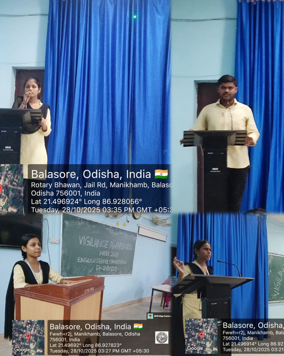 CTEBalasore's tweet photo. CTE Balasore, conducted Odia and English debate competitions among the students on the 2nd day and a poster-making competition on the 3rd day of the Vigilance awareness week observation .
@DHE_Odisha
@ncte_official
@OdishaOshec https://t.co/r36TQ6lHLz