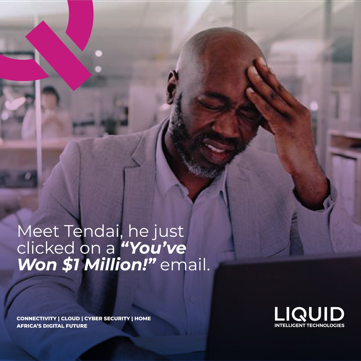 It only takes one curious click to compromise an entire business.

Meet Tendai, he just clicked on a “You’ve Won $1 Million!” email. The prize? A hacked network. Don’t let one click cost you everything.

Protect your business with Liquid Cybersecurity: loom.ly/IdVc10g