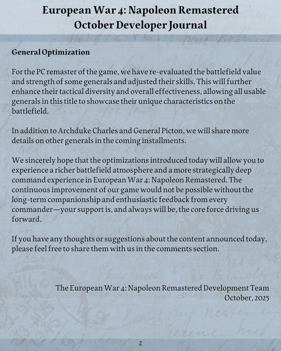 easytech_game's tweet image. A Letter from The European War 4: Napoleon Remastered Development Team
Steam page: store.steampowered.com/app/3625060/