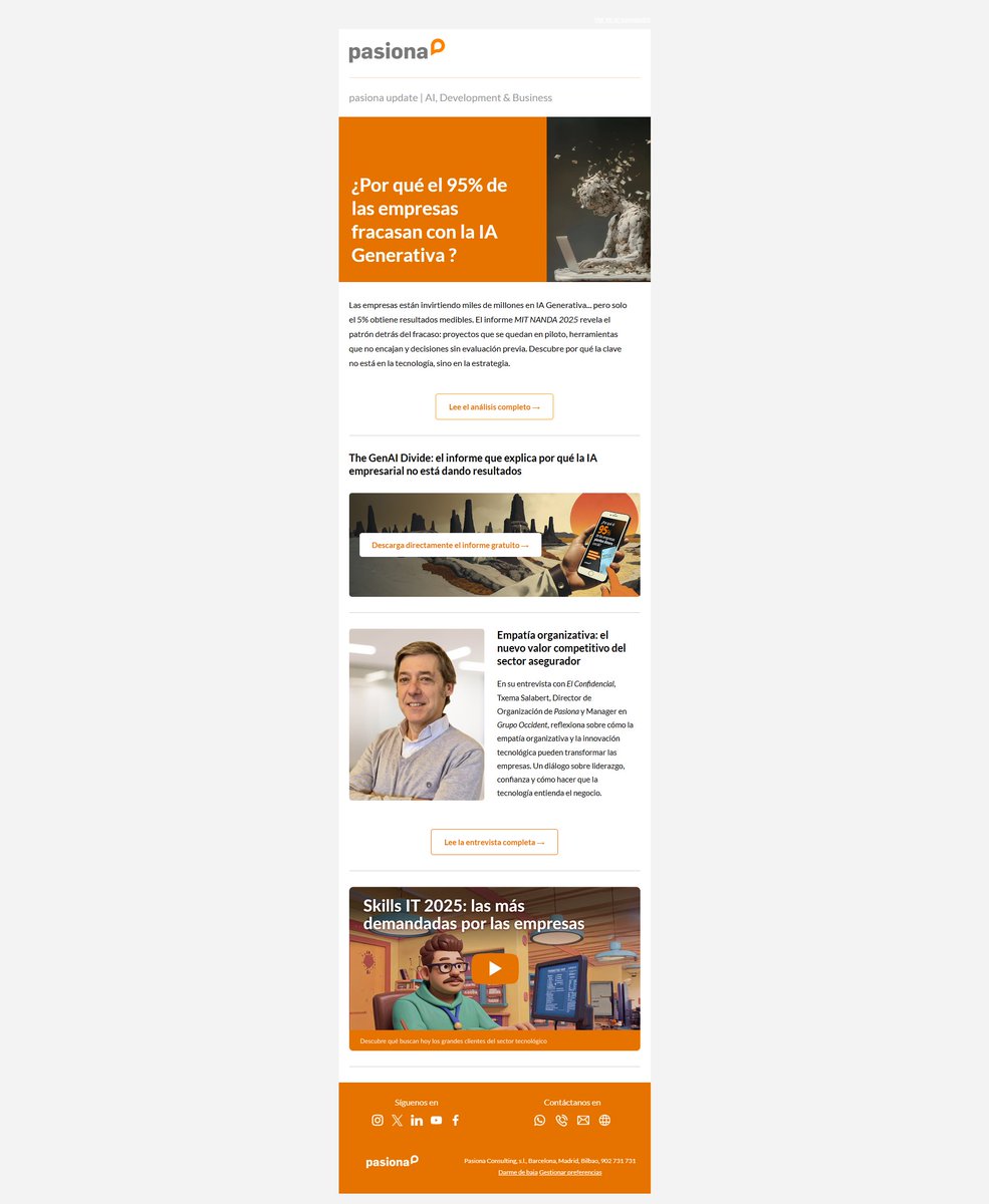 𝟗𝟓% 𝐝𝐞 𝐟𝐫𝐚𝐜𝐚𝐬𝐨.
No es clickbait. Es el dato real del MIT sobre proyectos de IA Generativa en empresas.
El problema no es técnico. Es estratégico.

Nueva #PasioNews ↓
linkedin.com/feed/update/ur…
O suscríbete en ↓
pasiona.com/suscribete-a-n…