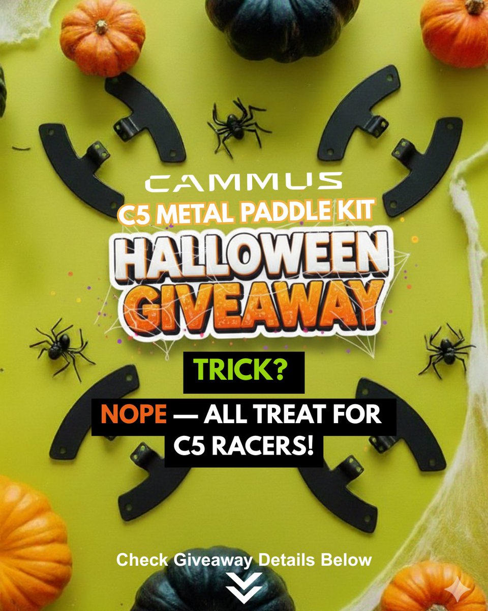 🎃 Trick? Nope — All Treat for C5 Racers!
Post your #C5 setup, tag your racing friends &amp; share your experience (Instagram/Facebook)
You might just get our NEW C5 Metal Paddle Shifters Kit for FREE!
#Cammus #SimRacing #CammusC5 #RacingGear #SimRacingSetup #CammusHalloween