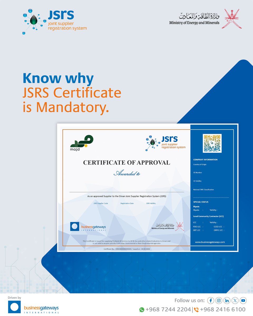 JSRS_Oman's tweet image. The JSRS Certificate is your gateway to Oman’s Oil &amp;amp; Gas and Industrial sectors, mandated by the Ministry of Energy &amp;amp; Minerals for supplier participation.
Join the JSRS Network today: businessgateways.com/jsrs/

#JSRS #OmanBusiness #ICV #Procurement #OmanEnergy