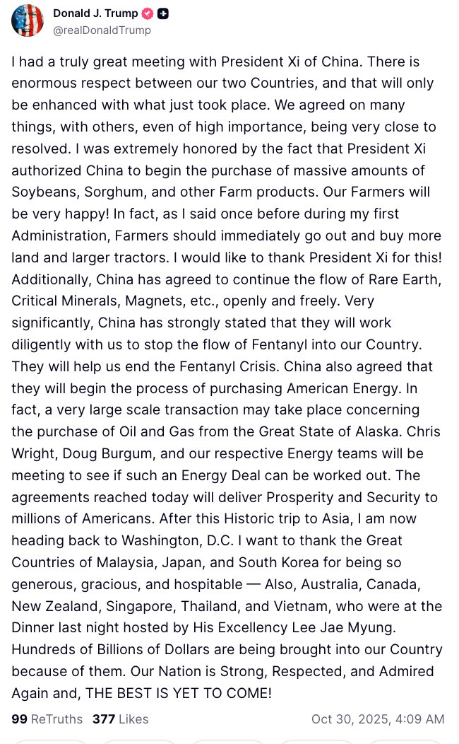 wallstengine's tweet image. TRUMP ON CHINA:

I had a truly great meeting with President Xi of China. There is enormous respect between our two Countries, and that will only be enhanced with what just took place. We agreed on many things, with others, even of high importance, being very close to resolved.…