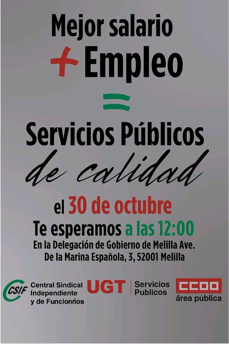 - Basta ya de excusas
- Basta ya de desprecios
- Basta ya de dejación de funciones
Los servidores públicos merecen el mismo respeto que el resto de trabajadores
- Por una mesa de negociación.
- Por unas condiciones dignas
Nos vemos hoy a las 12:00 frente a Delegación de Gobierno.