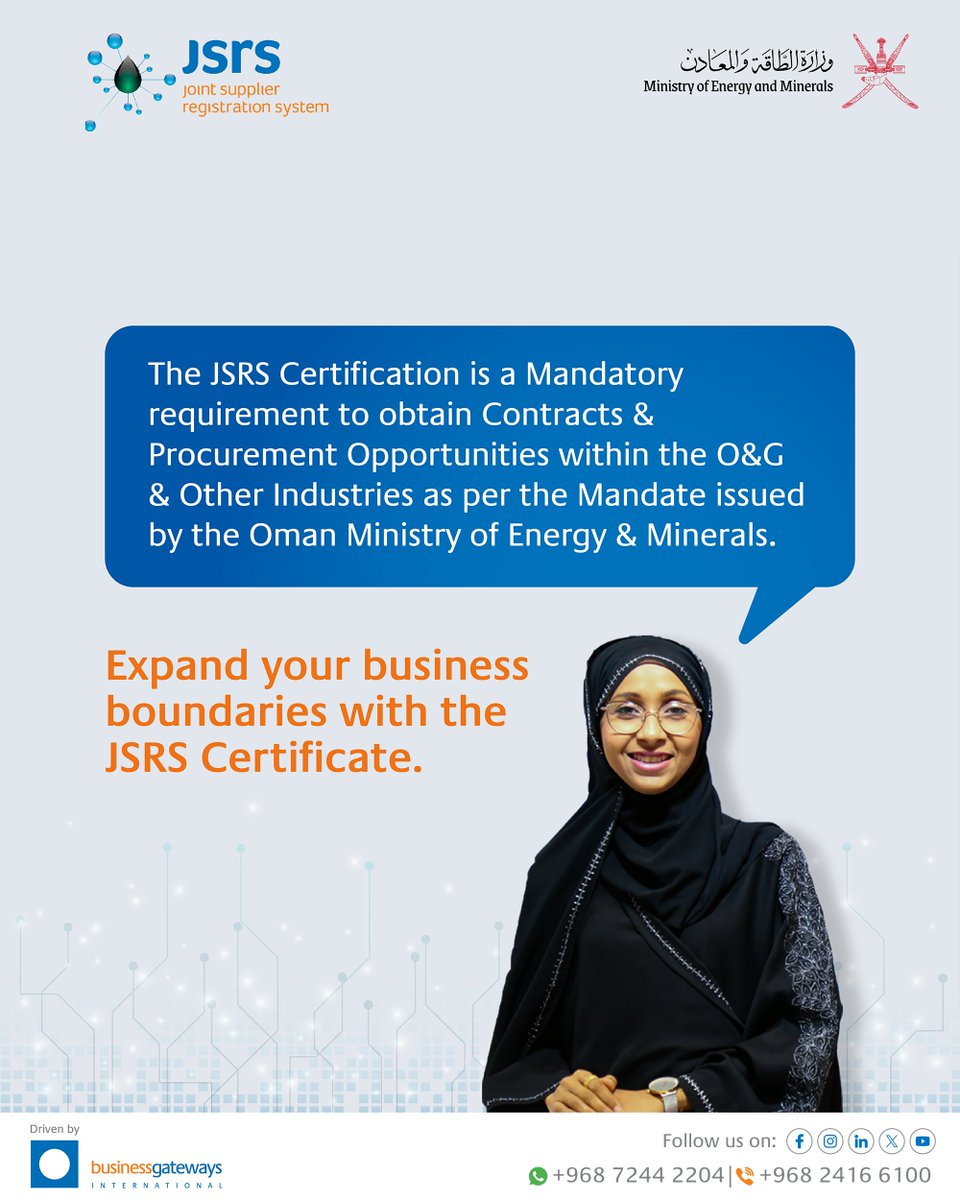 JSRS_Oman's tweet image. The JSRS Certificate is your gateway to Oman’s Oil &amp;amp; Gas and Industrial sectors, mandated by the Ministry of Energy &amp;amp; Minerals for supplier participation.
Join the JSRS Network today: businessgateways.com/jsrs/

#JSRS #OmanBusiness #ICV #Procurement #OmanEnergy