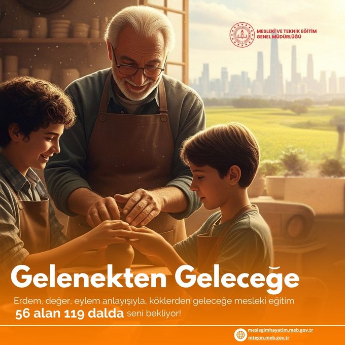 Elderly man with glasses wearing apron stands in workshop surrounded by shelves of pottery and tools, assisting two young boys also in aprons as they mold clay on table, city skyline visible through window in background, Turkish government logo and text Gelenekten Geleceğe Erdemle geleceğe köprü kurun 56 alan 119 dalda seni bekliyor meslekimhayatim.gov.tr at bottom.