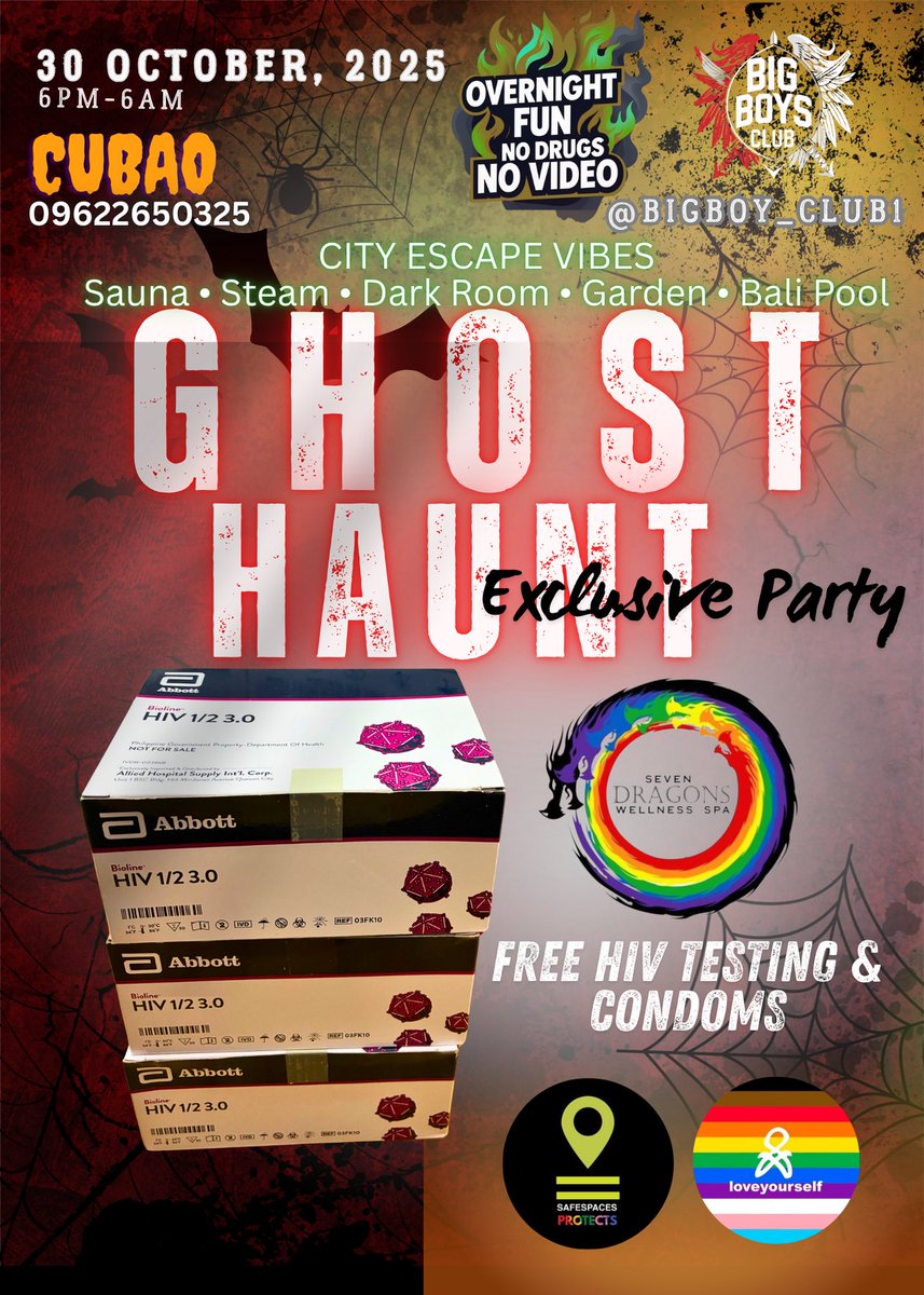 Bigboy_Club1's tweet photo. 👻 GHOST HAUNT EXCLUSIVE PARTY TONIGHT! 🎃
Dare to party… but keep it safe! 🕸️

🩸 Free HIV Testing &amp; Condoms await in the shadows —
Confidential. Private. Fear-free. 🦇

Big thanks to our hauntingly kind partners
💀 @loveyourselfph &amp; @safespacesph https://t.co/uYfc0p1cWh