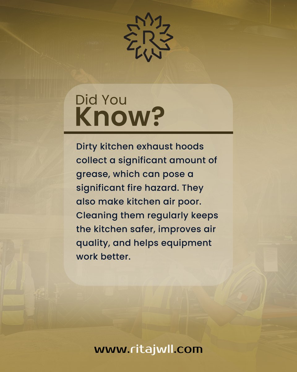 RitajWll's tweet image. Routine exhaust hood cleaning prevents grease buildup, reduces fire risks, and keeps your kitchen air clean, fresh, and safe for everyone.

#didyouknow #KitchenCleaning #PropertyCare #FacilityManagement #RitajFacilityManagement #قطر