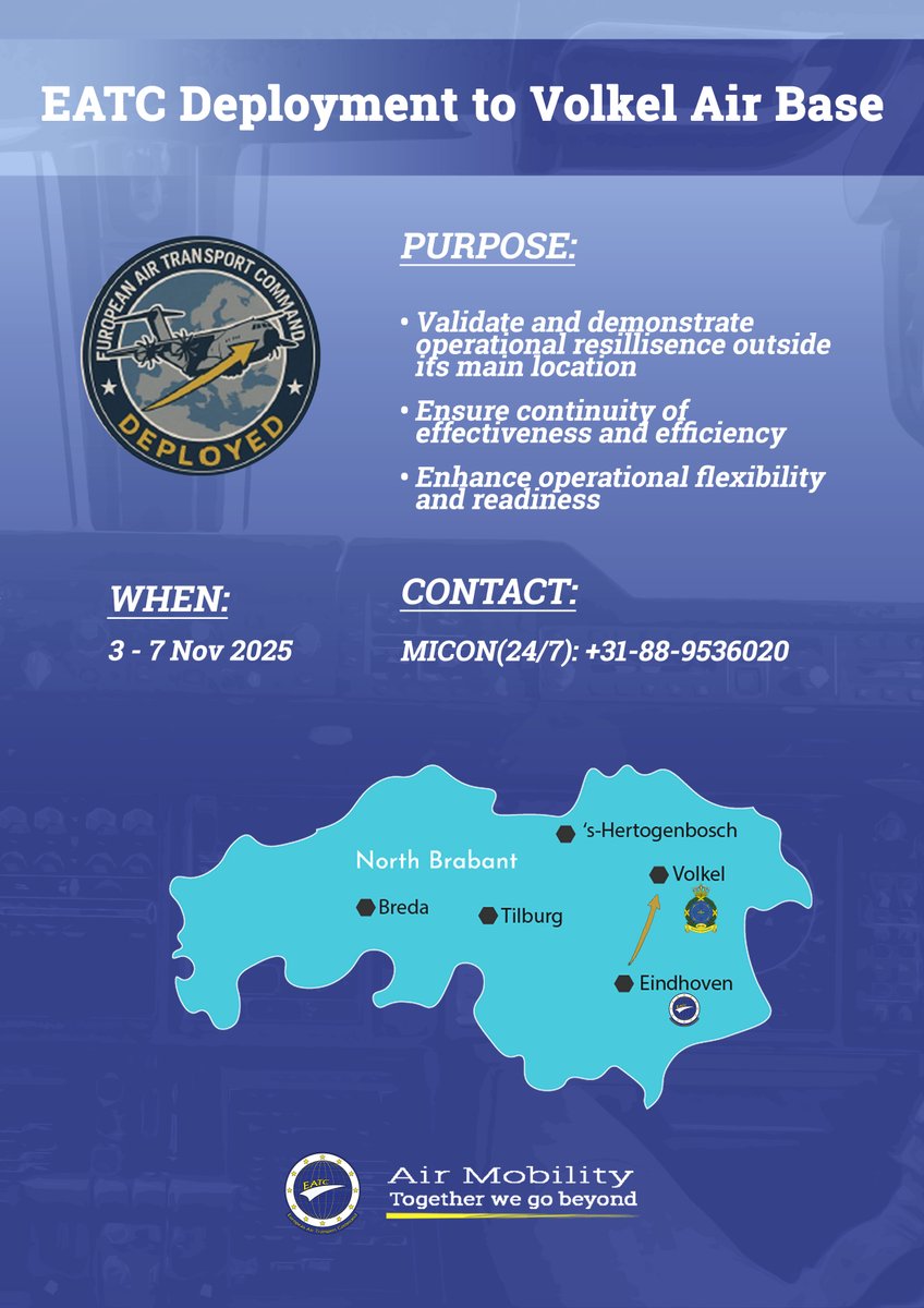 EATC is deploying to Volkel Air Base (NL) from 3–7 Nov 2025 to test its ability to operate away from HQ.
This Proof-of-Concept strengthens flexibility, readiness &amp; resilience in air mobility operations — and supports NATO’s focus on “feeding the fight.”
🔗shorturl.at/SRxwy