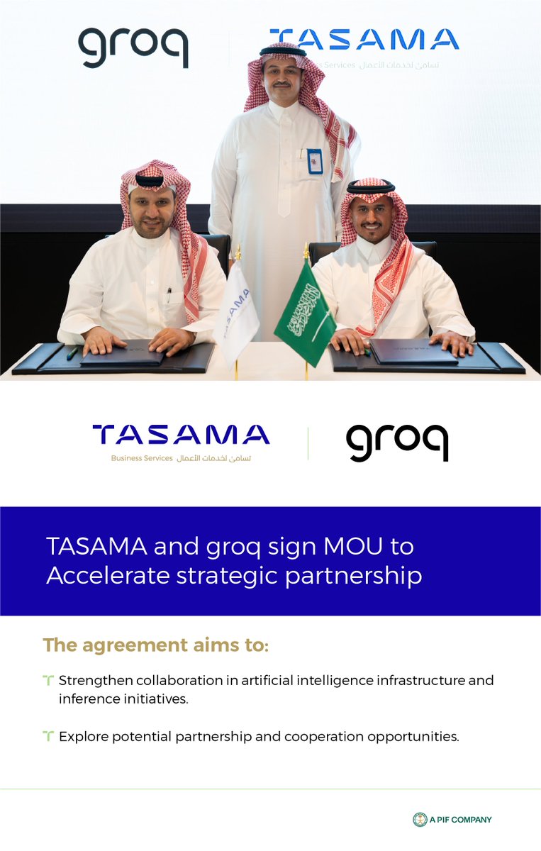 Tasama_ksa's tweet photo. On the sidelines of FII #TASAMA signed an MoU with Groq Ltd.,  to strengthen collaboration in technology and artificial intelligence. https://t.co/IjdneBCioa