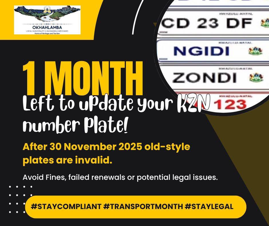 Only 1 month left to update your KZN number plates.
From 1 Dec 2025, old plates will be invalid.
Avoid fines, failed renewals &amp; legal issues.

#KZNPlates #RoadSafety #ComplianceMatters #TransportMonth