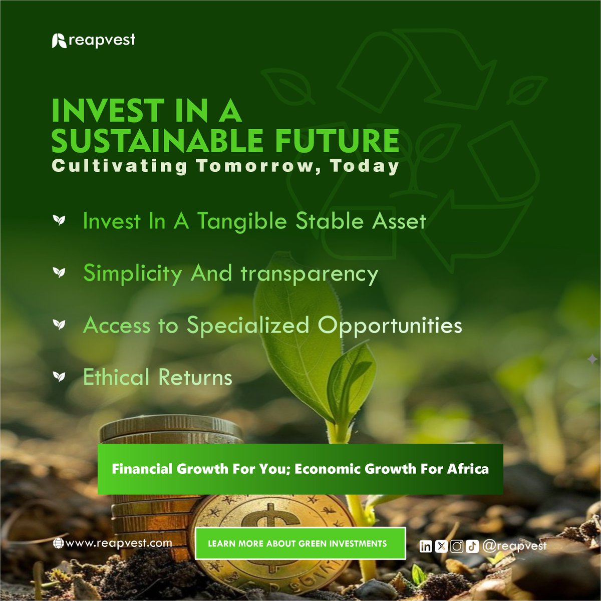 reapvest's tweet photo. 🌍Imagine a world where your financial growth fuels clean food production, empowers local farmers, and builds a greener economy. That’s what sustainable investing is all about! Purpose meeting profit. 💚
#reapvest #sustainableinvestment #agrifinance #investwithimpact https://t.co/IzbQidizZ5