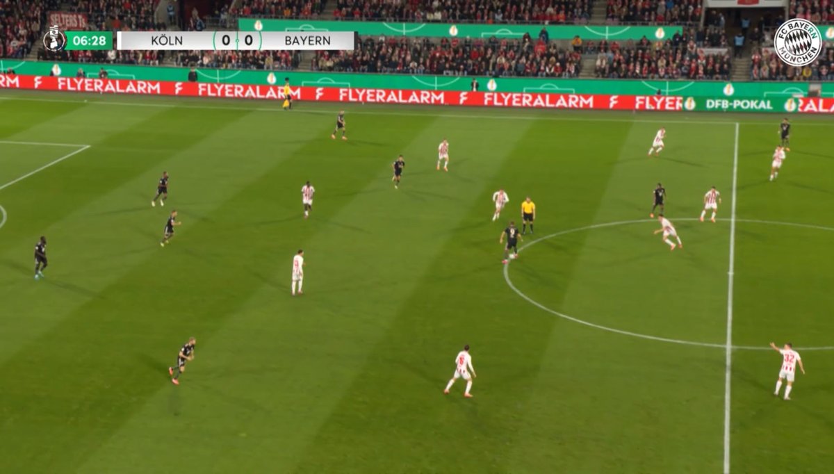 اول ضرب ناجح للعمق من بايرن كان في الدقيقة ٦

كتلة كولن الدفاعية في البداية كانت ممتازة بإغلاق العمق ووجهّت البايرن كثيرًا نحو الطرف بغية الافتكاك والتحول السريع للمرمى

ولكن مع مداورة البايرن للكرة للخلف ظهرت ثغرات بين خطوطهم استطاع كين ان ينزل فيها ويستلم تمريرة تاه العمودية..