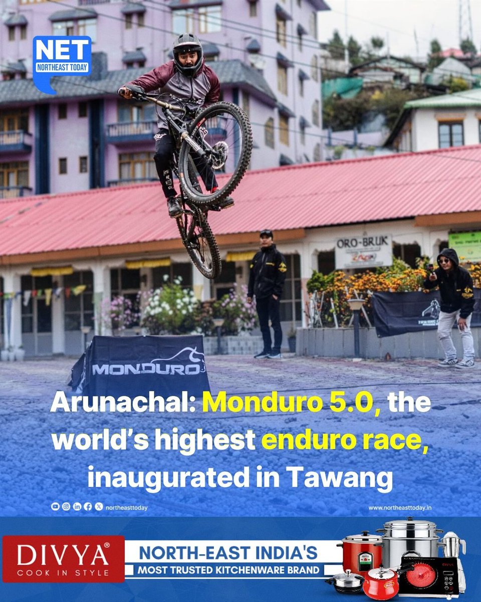 NortheastToday's tweet image. #NetSnippet | The fifth edition of the world’s highest enduro race, Monduro 5.0, was inaugurated on Wednesday at the Tawang Amphitheatre. A total of 25 riders from across India and overseas including Japan, Iran, Bhutan, and Nepal are set to compete in this high-altitude…