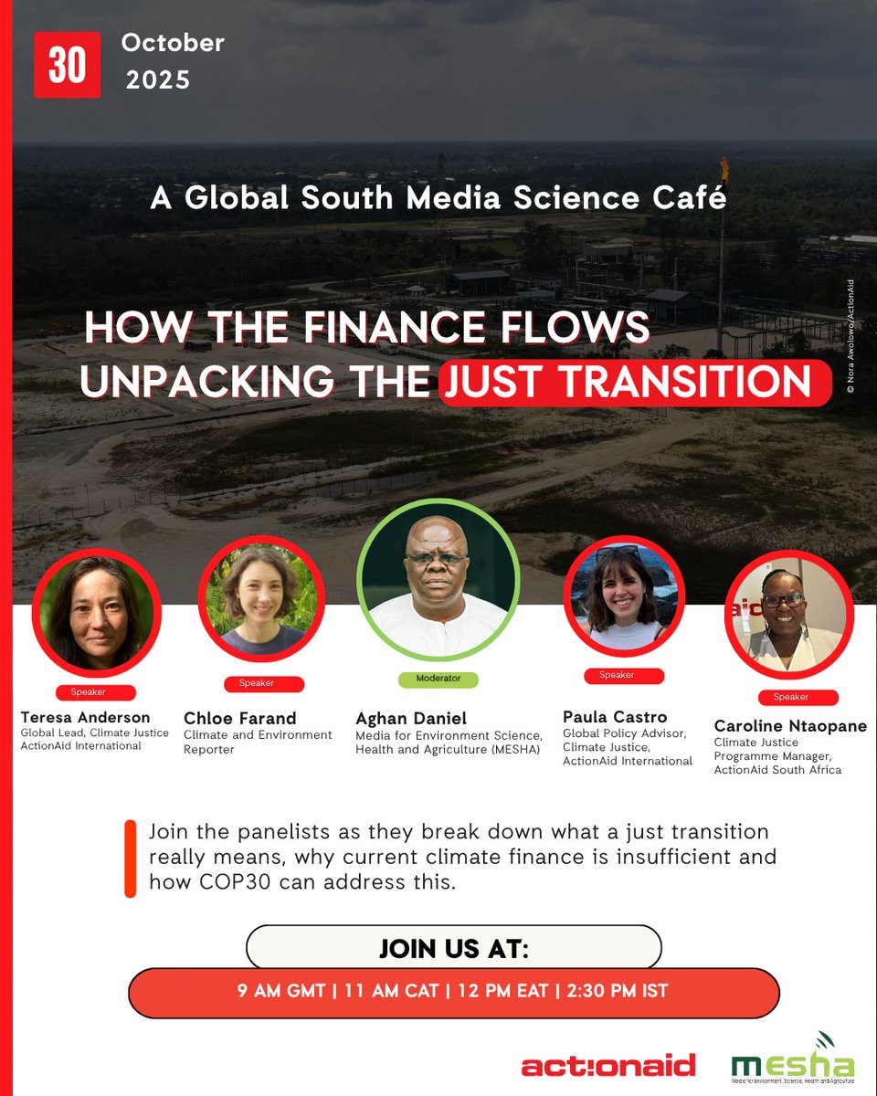 palitoz's tweet photo. 🌍 Happening shortly! 
Join us for A Global South Media Science Café as we unpack how finance flows in the Just Transition.
Speakers: Teresa Anderson, Chloe Farand, Paula Castro &amp; Caroline Ntaopane.
Moderator: Aghan Daniel.
🕘 12 PM EAT | #ClimateJustice #COP30 https://t.co/DtC7BiU1nW