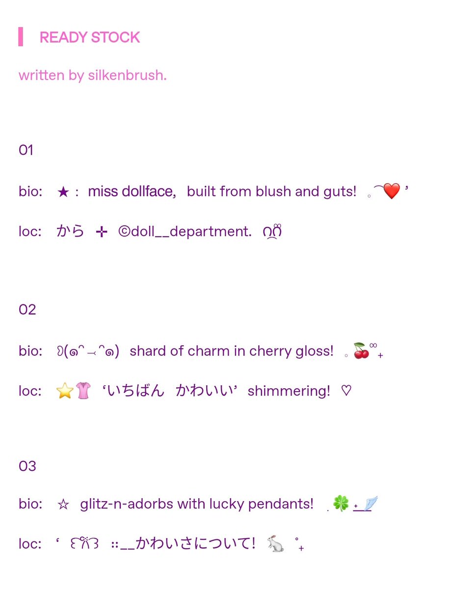 silkenbrush's tweet image. 🩷, repost is so loved!  #zonauang

hai, haaai! :3c aku punya 10 bundle short wording bio + loc ( mix japan ) seharga 4.000 per bundle yang siap untuk dimiliki! ⭐ kalau kalian berminat, bisa langsung dm atau hubungi aku di t.me/lucky_girl_club. terima kasih! n __ &amp;lt;8