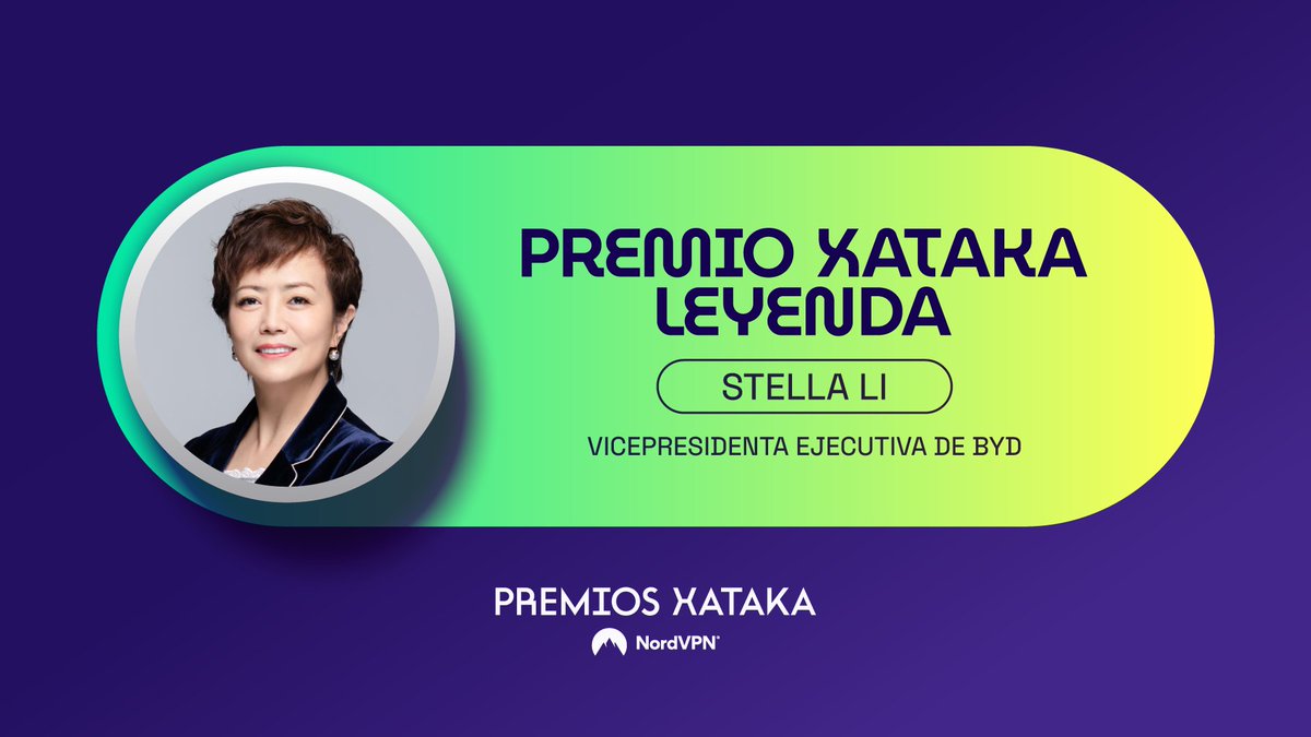 El 20 de noviembre contaremos con una invitada de excepción en los Premios <a href="/xataka/">xataka</a> <a href="/NordVPN/">NordVPN</a>. Stella Li, vicepresidenta ejecutiva de BYD, visitará Madrid para recoger el galardón que la reconoce como Premio Xataka Leyenda 2025 por su trayectoria, visión estratégica y liderazgo.