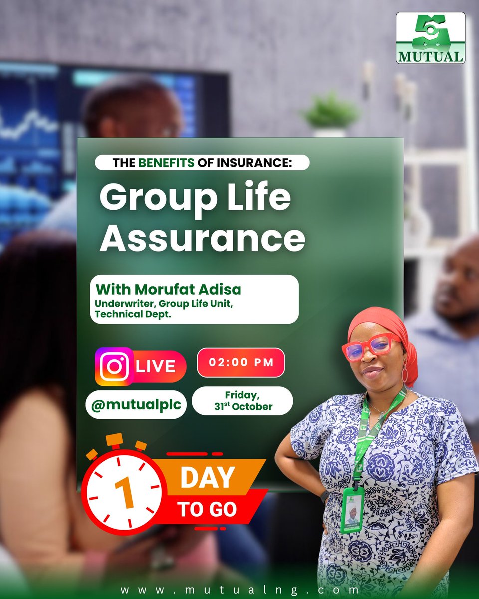 MutualPlc's tweet image. Just one day to go!

Tune in at 2pm, this Friday, 31st of October of a live on the Benefits of Group Life Assurance with Morufat Adisa!

Learn about the Benefits of Insurance with MUTUAL BENEFITS!

#mutualdelights #mutualbenefits #benefitsofinsurance #Nigerianinsurance