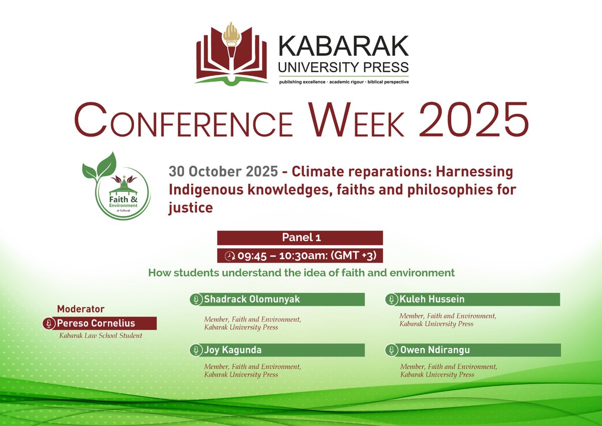 Shadrack Olumunyak :Protecting nature is not just a modern policy issue but a cultural and moral principal deeply rooted in indegeneous belief systems.Real change begins when communities are empowered to pass on these values. Join the conversation kabarak-ac-ke.zoom.us/webinar/regist…