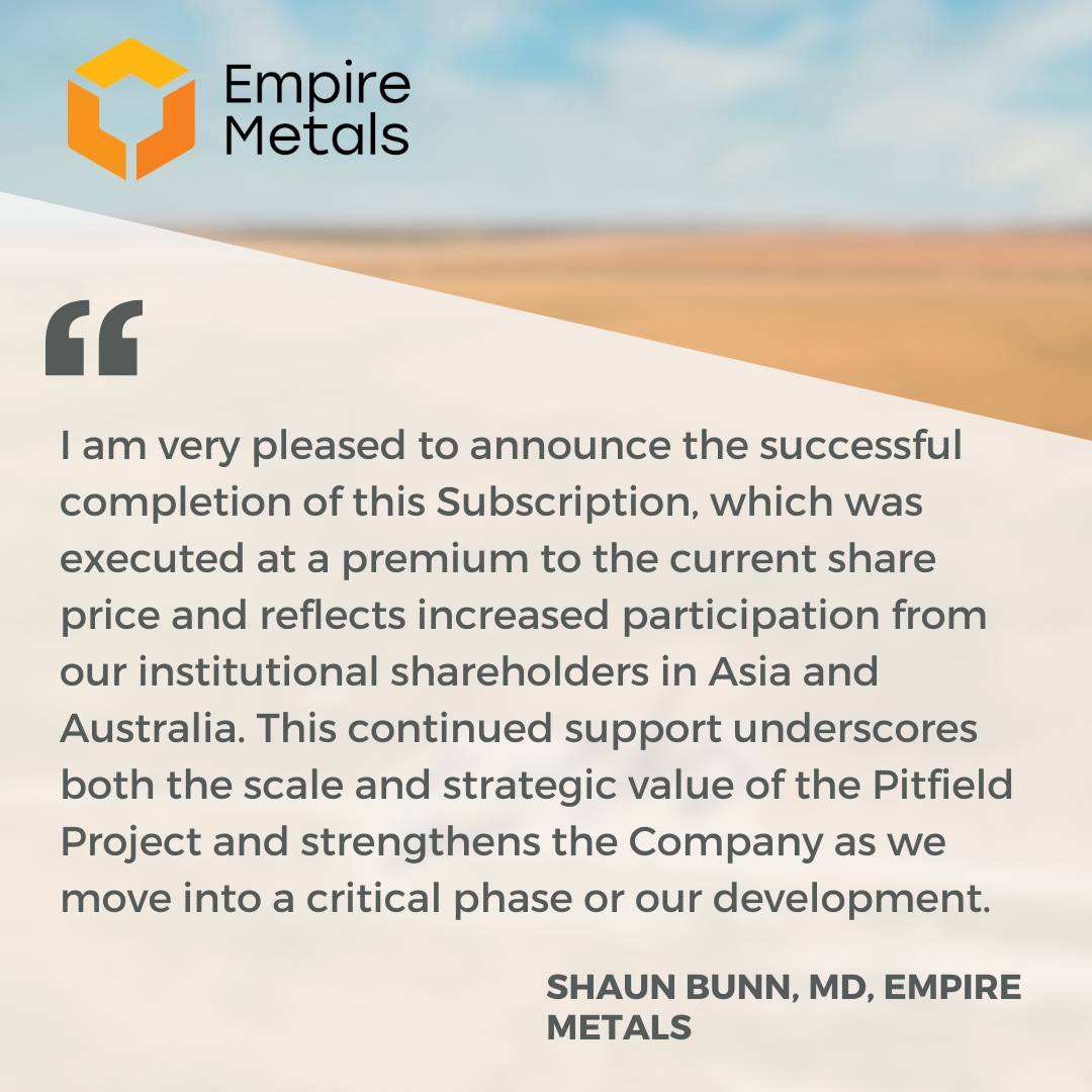 Empiremetalsltd's tweet image. A £7 million subscription has been completed with existing institutional shareholders at 40p per share, issuing 17.5 million new ordinary shares.

londonstockexchange.com/news-article/E…

#EEE #AIM #OTCQX