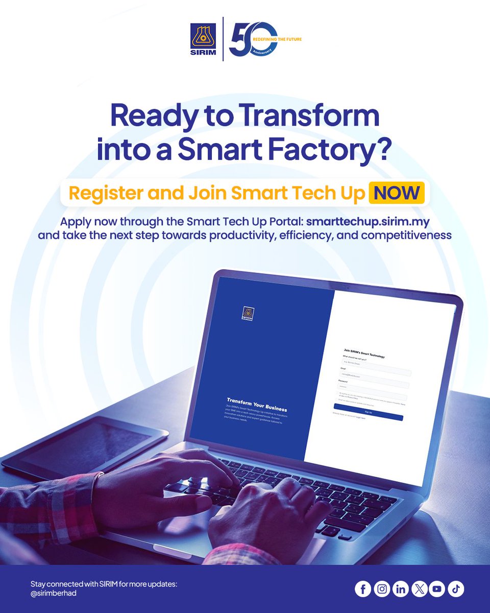 Transform into a Smart Factory with Smart Tech Up.

Register now at smarttechup.sirim.my and move towards greater productivity, efficiency, and competitiveness.
 
For enquiries. contact us at dmt@sirim.my or call 03-5544 6040.
 
#SIRIM #SIRIM50 #RedefiningtheFuture