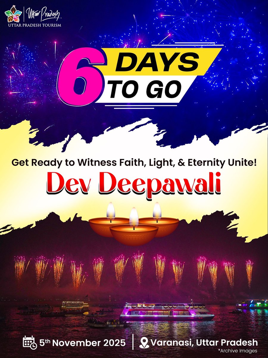 uptourismgov's tweet image. 6 Days to Dev Deepawali: The Night of Divine Illumination Approaches

In six days, Kashi will transcend into a celestial vision of faith and light. Millions of diyas will grace the ghats, evoking a profound sense of devotion. Come and witness this sacred festival, where it is…