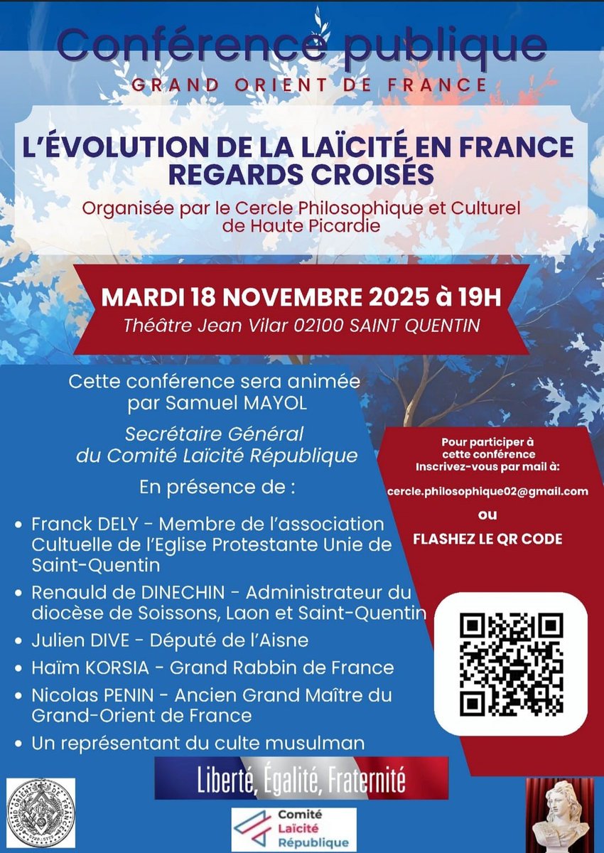 L'évolution de la Laïcité en France, regards croisés.
Conférence publique organisée par le Cercle Philosophique et Culturel de Haute Picardie mardi 18 novembre 2025 à 19h à Saint Quentin.
➡️ Informations et inscriptions : godf.org/ElFrc1811