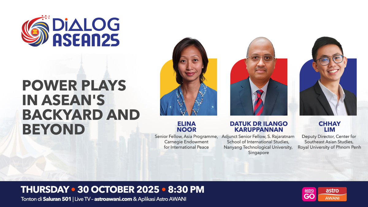 501Awani's tweet photo. Join Nailah Huda with Elina Noor, Datuk Dr Ilango Karuppannan, and Chhay Lim as they unpack key takeaways from the 47th Asean Summit.
#DialogASEAN25
#AWANInews https://t.co/yWxcVrPgCo
