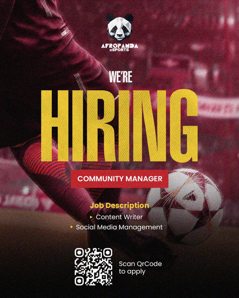 afropandaesport's tweet photo. 🎮 We’re Hiring! 🎮

AfroPanda eSports is looking for a Community Manager to join our growing team! 🐼🔥

If you’ve got a knack for:
✍️ Writing engaging content
📱 Managing social media communities

Then we want YOU on our team! 💪
Scan the QR code to apply! https://t.co/DpyBliNAbi