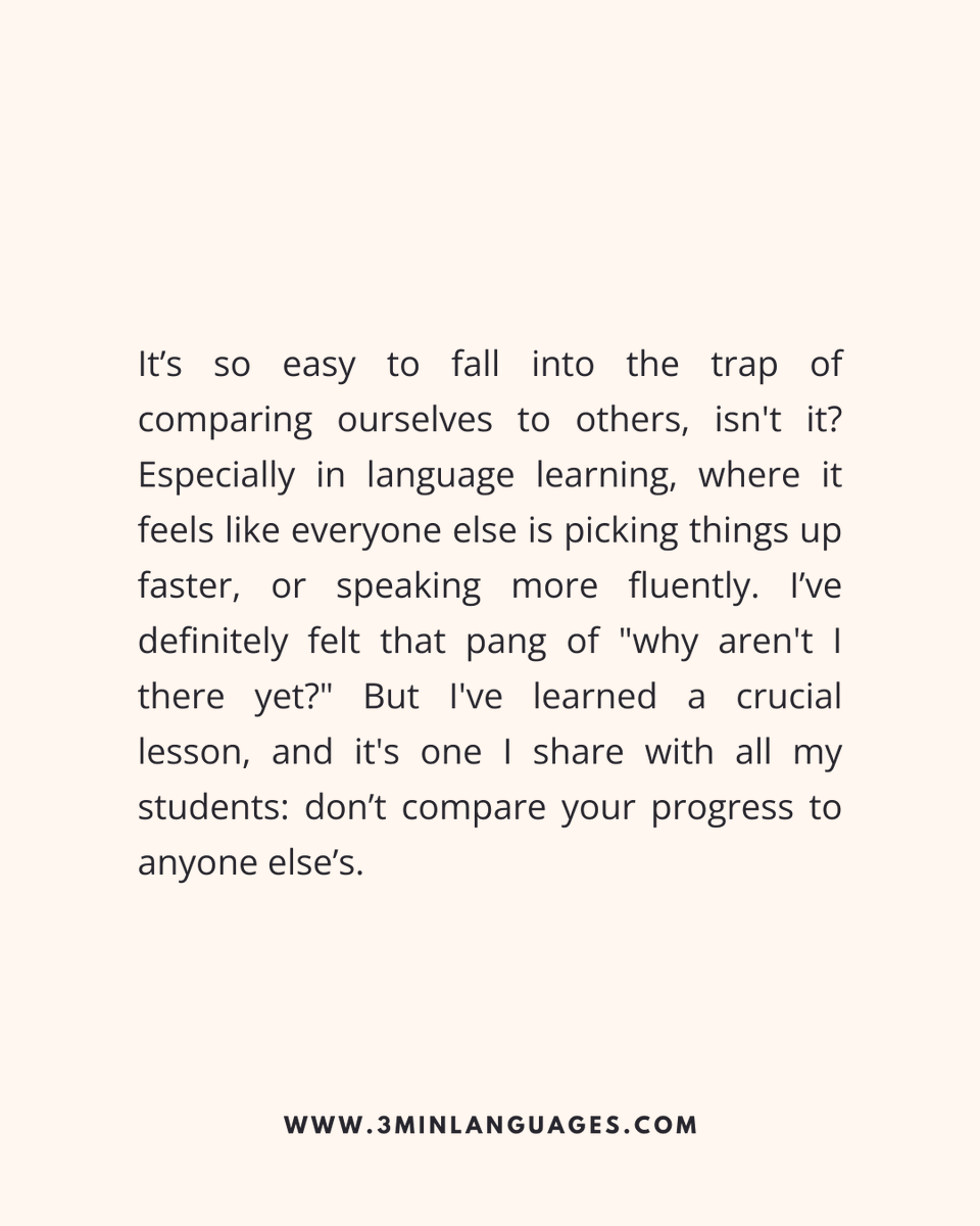 3MLanguages's tweet image. Don’t compare. Your pace is perfect.
 Fluency rewards consistency, not speed.
 👉 Own your journey: 3minlanguages.com

#3MinuteLanguages #StudyIn3 #LanguageLearning #MicroLearning #Consistency #LearnFrench #LearnSpanish #LearnGerman #LearnItalian #LearnPortuguese