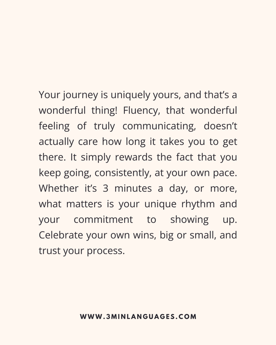 3MLanguages's tweet image. Don’t compare. Your pace is perfect.
 Fluency rewards consistency, not speed.
 👉 Own your journey: 3minlanguages.com

#3MinuteLanguages #StudyIn3 #LanguageLearning #MicroLearning #Consistency #LearnFrench #LearnSpanish #LearnGerman #LearnItalian #LearnPortuguese