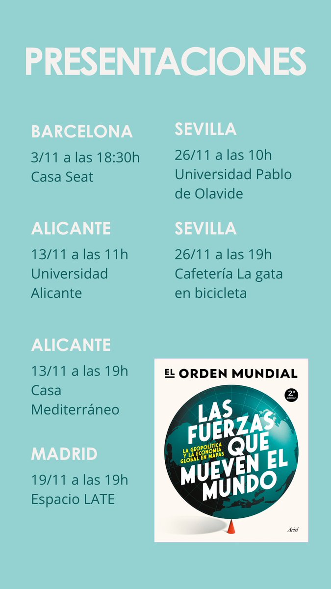 🗺️¡Ven a vernos presentar el atlas en Barcelona!

Vamos a presentaros 'Las fuerzas que mueven el mundo'.

Estaremos el 3 de noviembre a las 18:30 en la Casa Seat. ¡No te lo pierdas!

Puedes reservar tu entrada aquí
casa.seat/es/agenda/Las-…