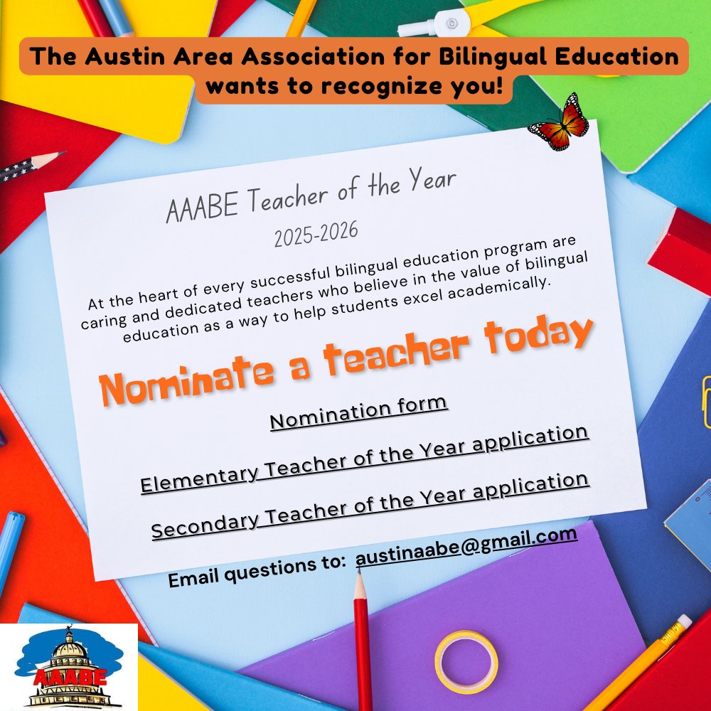 <a href="/AustinAABE/">AAABE</a> wants to recognize our bilingual teachers for their dedication and commitment to our students. Nominate a teacher today for AAABE's Teacher of the Year! docs.google.com/forms/d/e/1FAI…