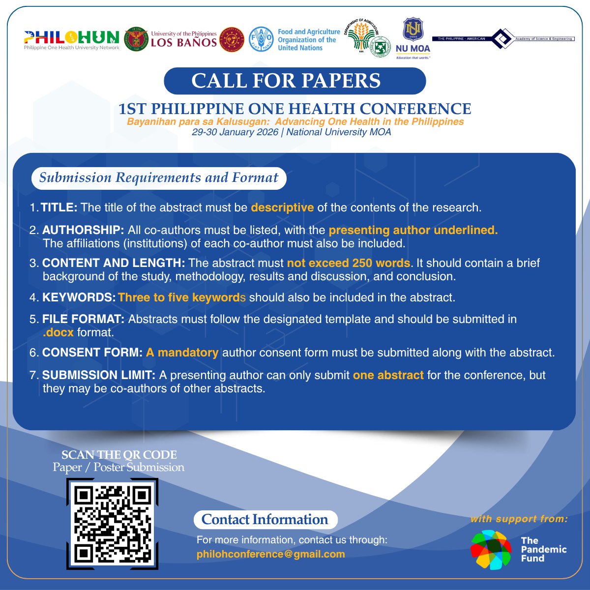 UPLBZoonoses's tweet photo. [𝐂𝐀𝐋𝐋 𝐅𝐎𝐑 𝐏𝐀𝐏𝐄𝐑𝐒]
The 𝟏𝐬𝐭 𝐏𝐡𝐢𝐥𝐢𝐩𝐩𝐢𝐧𝐞 𝐎𝐧𝐞 𝐇𝐞𝐚𝐥𝐭𝐡 𝐂𝐨𝐧𝐟𝐞𝐫𝐞𝐧𝐜𝐞 set on 𝟐𝟗-𝟑𝟎 𝐉𝐚𝐧𝐮𝐚𝐫𝐲 𝟐𝟎𝟐𝟔 is now accepting abstract submissions until 𝟐𝟕 𝐍𝐨𝐯𝐞𝐦𝐛𝐞𝐫 𝟐𝟎𝟐𝟓.

Check full details here: https://t.co/vZ4TcYx5Zx https://t.co/m62SsFXnNn