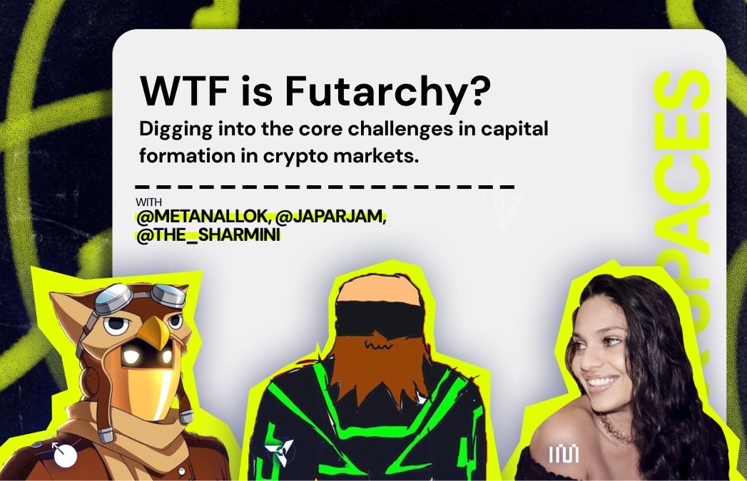 8 hours to go... 

WTF is Futarchy? Core Challenges In Capital Formation  

📆 30th Oct  
⏰ 10 AM PST

<a href="/metanallok/">Nallok | 👾⚙️</a> from <a href="/MetaDAOProject/">MetaDAO</a>
<a href="/japarjam/">japarjam</a> from <a href="/solanaturbine/">TURBINE</a>
<a href="/the_sharmini/">Sharmini 👾</a> from <a href="/influencem3dia/">👾 influence media</a>

We'll all share the link right before we start. 

🔔Notifications on so you