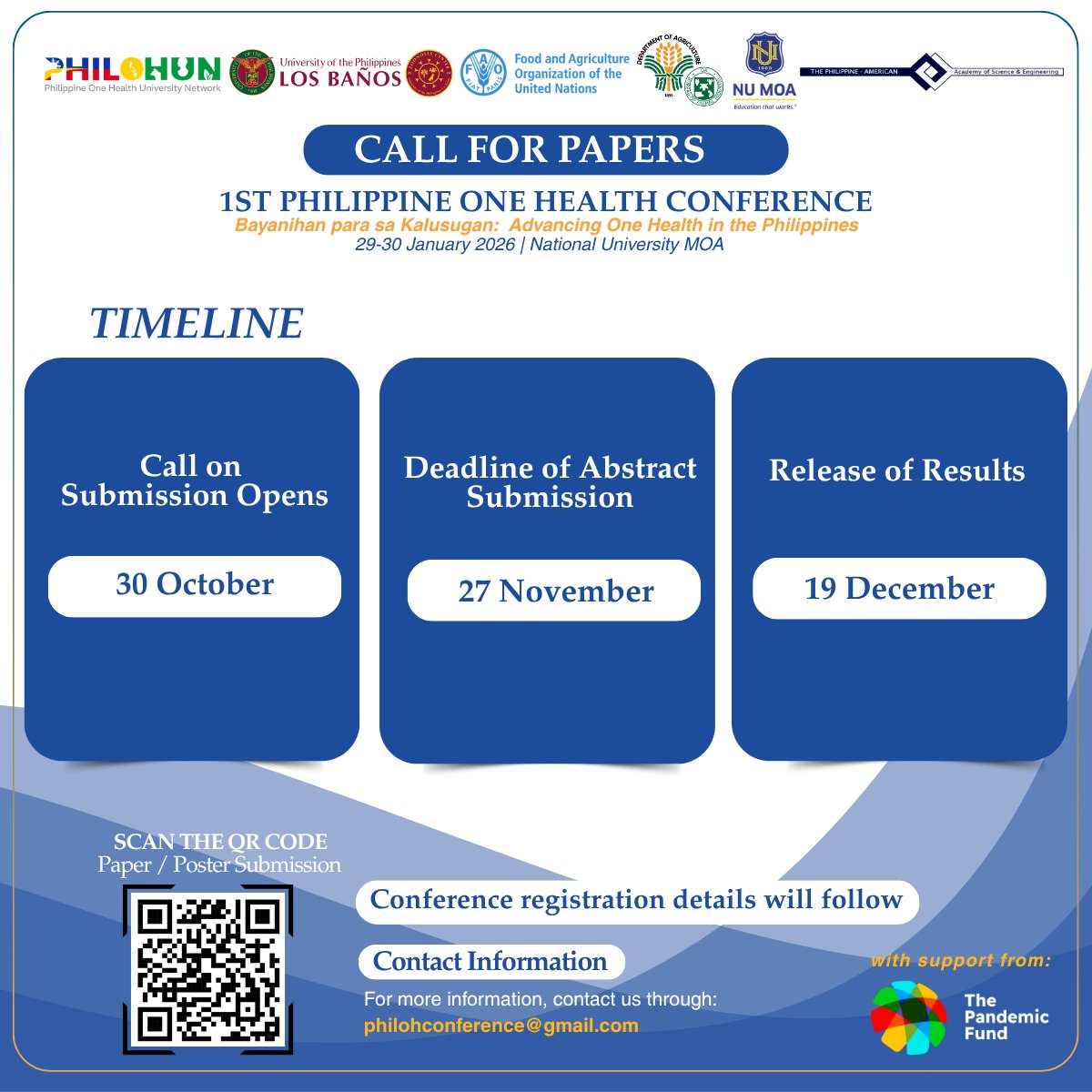 UPLBZoonoses's tweet photo. [𝐂𝐀𝐋𝐋 𝐅𝐎𝐑 𝐏𝐀𝐏𝐄𝐑𝐒]
The 𝟏𝐬𝐭 𝐏𝐡𝐢𝐥𝐢𝐩𝐩𝐢𝐧𝐞 𝐎𝐧𝐞 𝐇𝐞𝐚𝐥𝐭𝐡 𝐂𝐨𝐧𝐟𝐞𝐫𝐞𝐧𝐜𝐞 set on 𝟐𝟗-𝟑𝟎 𝐉𝐚𝐧𝐮𝐚𝐫𝐲 𝟐𝟎𝟐𝟔 is now accepting abstract submissions until 𝟐𝟕 𝐍𝐨𝐯𝐞𝐦𝐛𝐞𝐫 𝟐𝟎𝟐𝟓.

Check full details here: https://t.co/vZ4TcYx5Zx https://t.co/m62SsFXnNn
