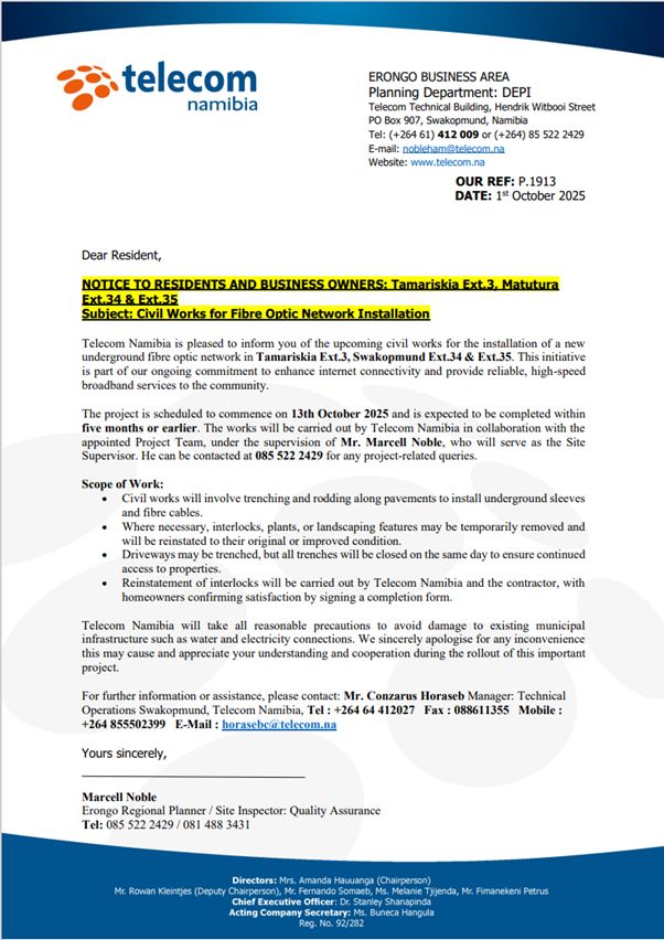 CIVIL WORKS FOR FIBRE OPTIC NETWORK INSTALLATION - TAMARISKIA EXT 3, SWAKOPMUND EXT 34 &amp; EXT 35