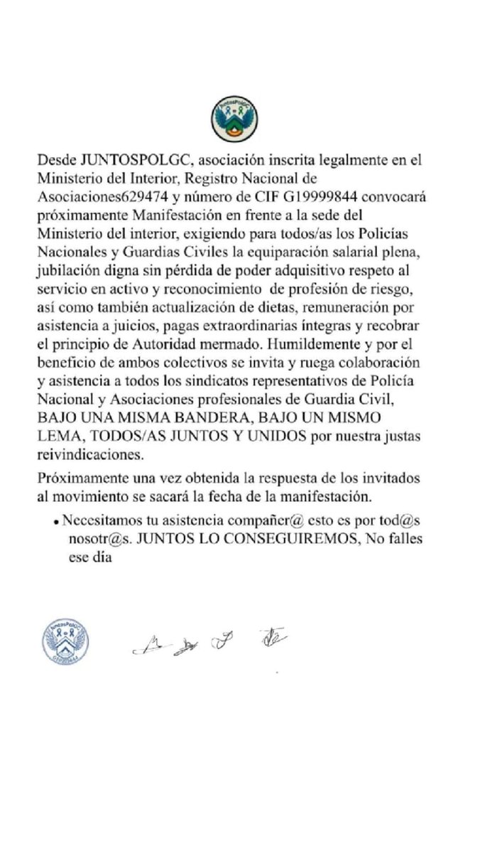 📢🚨COMUNICADO OFICIAL🚨LLAMAMIENTO A LA UNIÓN a TODOS de sindicatos y asociaciones de PN y GC para luchar por la EQUIPARACIÓN SALARIAL, PROFESIÓN DE RIESGO y JUBILACIÓN DIGNA. 

<a href="/jucilnacional/">Jucil Nacional</a> <a href="/JupolNacional/">JUPOL</a> <a href="/AUGC_Comunica/">AUGC Guardia Civil 🇪🇸</a> <a href="/Sup_Policia/">SUP</a> <a href="/ufpol/">UFP</a> <a href="/EYAPolicia/">EYA</a> <a href="/cep_cepolicia/">CEP</a> <a href="/_IGC_/">IGC NACIONAL</a>