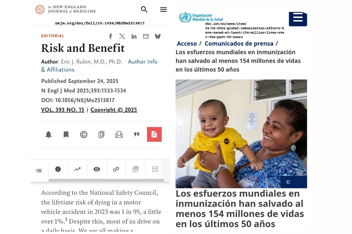 Riesgo de morir por accidente de tráfico: 1%.
Riesgo de efectos adversos por las vacunas: menos del 0,1% (el riesgo de muerte es MUCHO menos).
Las vacunas han salvado 154 millones de vidas en los últimos 50 años.
Las vacunas COVID-19 redujeron las enfermedades graves en un 90%.