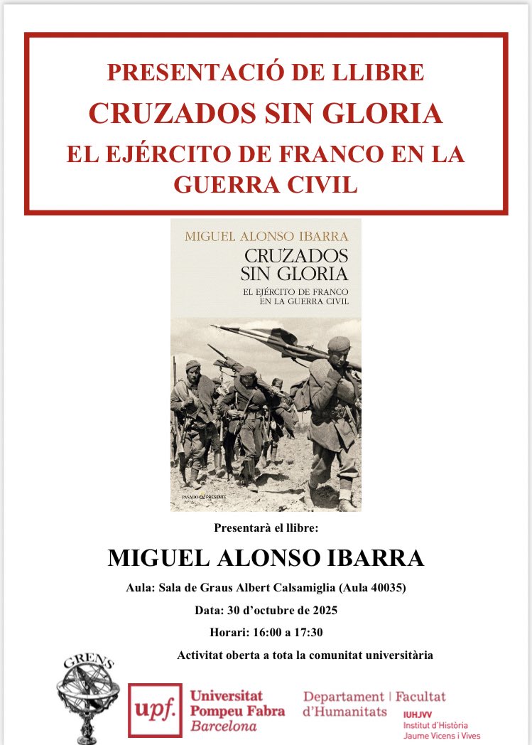 Esta tarde, a partir de las 16 horas, estaré por la <a href="/UPFBarcelona/">UPF Barcelona</a> presentando ‘Cruzados sin gloria’. Moltes gràcies a Josep Pich per convidarme ( i també al <a href="/ToniM20/">Toni M.</a> per facilitar-ho!) 👇🏻